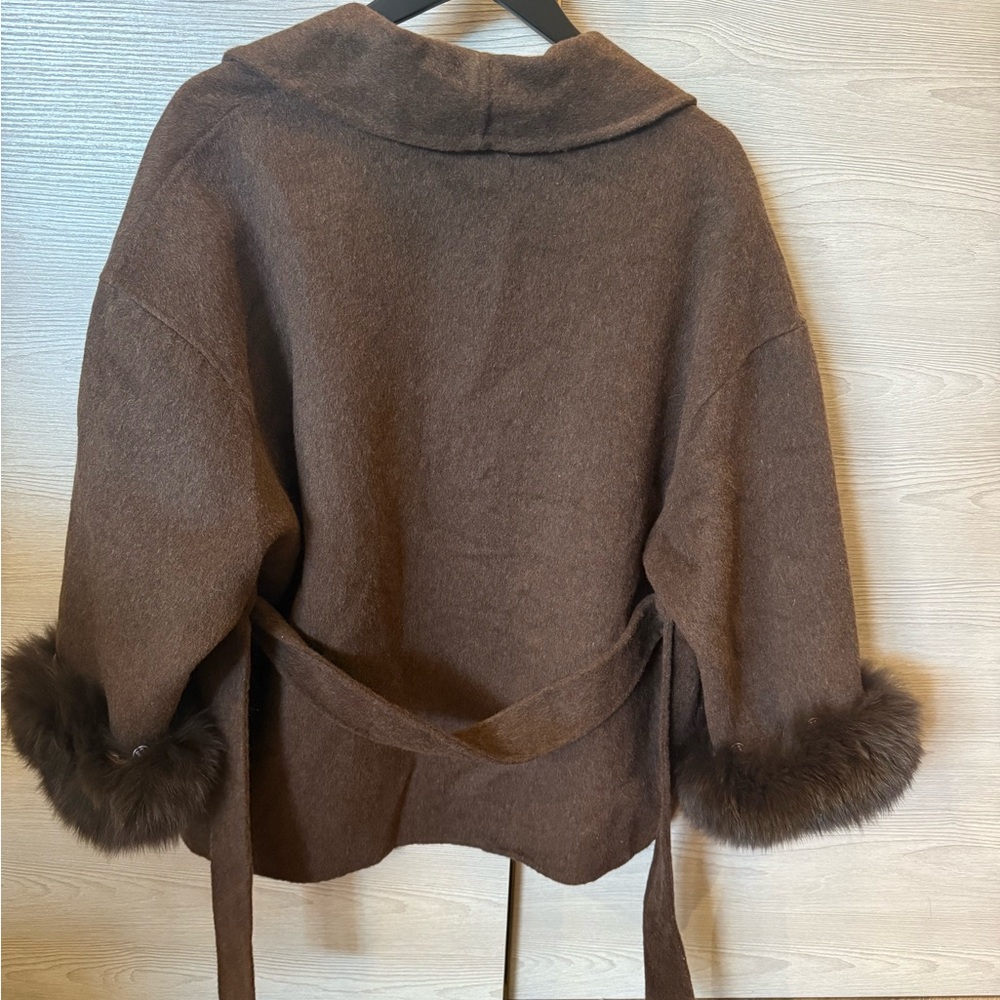 Reformation Brown Wrap Belted Jacket with Faux Fur Cuffs - Picture 5 of 5